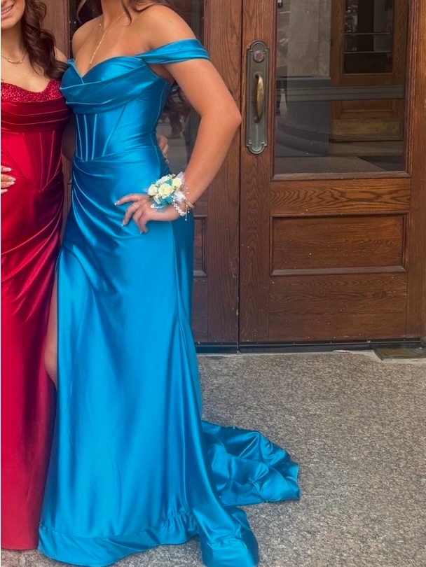 Off-Shoulder Satin Evening Gown - Bright Teal Blue